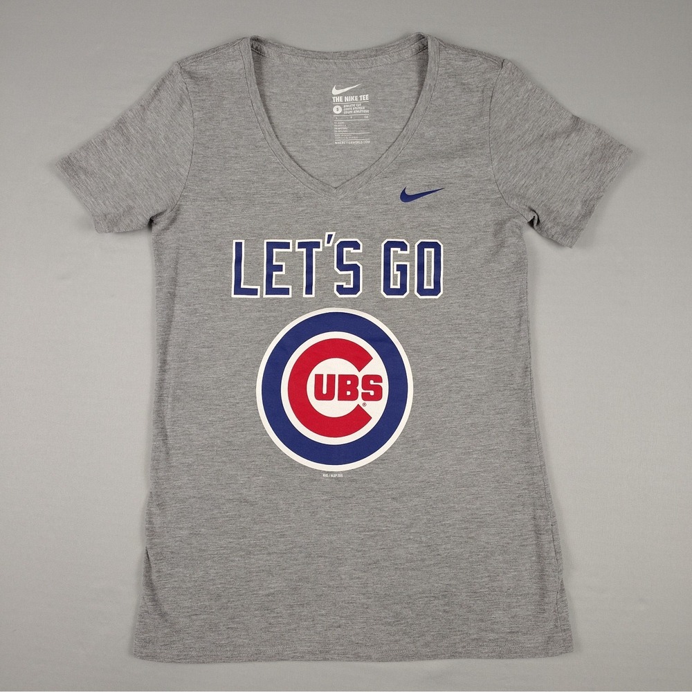 Nike Women's Chicago Cubs Size M "Let's Go" Tri-blend V Neck T Shirt Gray S/S